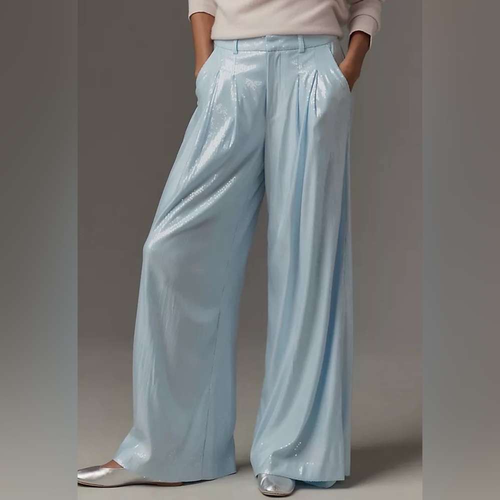 NWT Anthropologie Avery Light Blue Sequin Wide-Leg Pants Size 18
